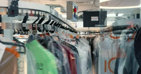 Conveyor in dry-cleaning salon in process of work Video stock 153538536