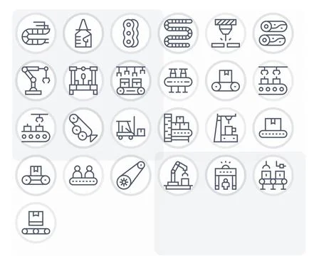 Conveyor including 25 64x64 Regular Line Vector Illustrations Stock Illustration