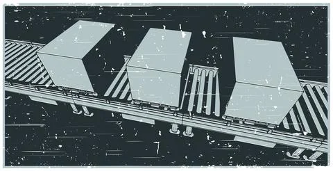 Conveyor line with boxes on pallets close up retro poster illustration Stock Illustration