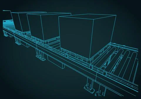 Conveyor line with boxes on pallets close up sketch Illustrazione stock
