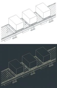 Conveyor line with boxes on pallets isometric drawings Illustrazione stock