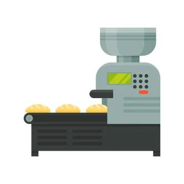 Conveyor line with bread, stage of bread production process on a white Stock Illustration