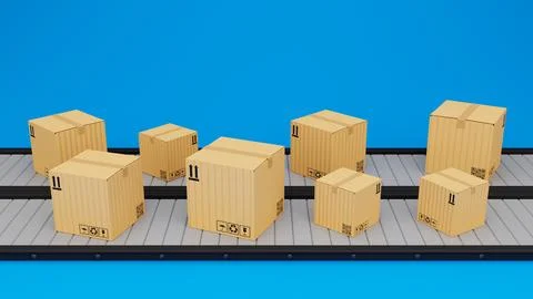 Conveyor line with carton boxes side view on blue background, Cargo service 스톡 일러스트