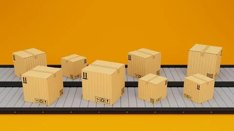 Conveyor line with carton boxes side view on yellow background, warehouse Illustrazione stock