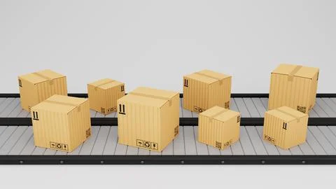 Conveyor line with carton boxes side view, Industrial processing production belt Stock Illustration