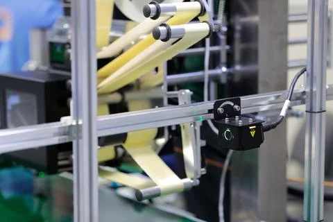 Conveyor line with labeling machine and camera Stock Photos