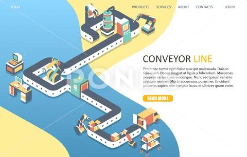 Conveyor line landing page website vector template Stock Illustration