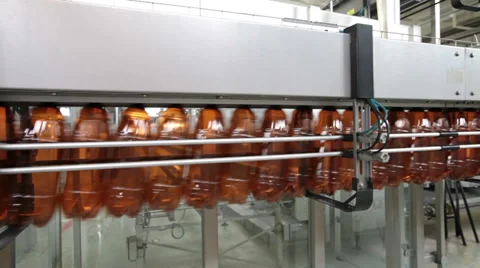 Conveyor line, machine for pasting labels for beer bottles Stock Footage 31860843