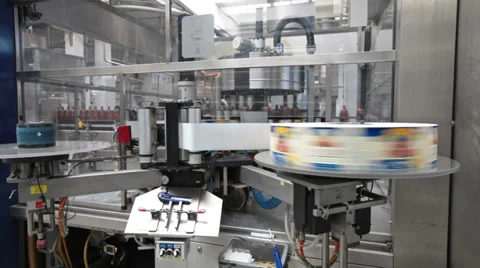Conveyor line, machine for pasting labels for beer bottles Stock Footage 31860912