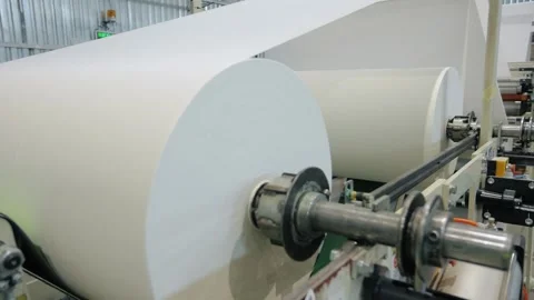 Conveyor line at paper mill. Modern toilet paper production. Stock Footage 308717430