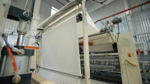 Conveyor line at paper mill. Modern toilet paper production. Production of Stock Footage 308717536