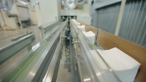 Conveyor line at paper mill. Modern production of napkins Stock Footage 308717856
