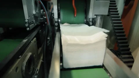 Conveyor line at paper mill. Modern production of napkins Stock Footage 308717906