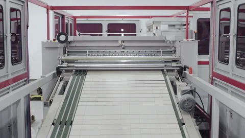 Conveyor line for the production of boxes. Machine carves and bends cardboard Stock Footage 150578501