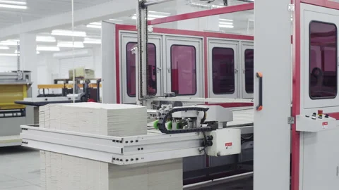 Conveyor line for the production of boxes. Machine cuts cardboard boxes from Stock Footage 150692771