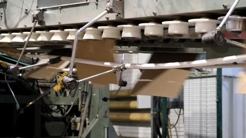 Conveyor line for the production of boxes. Machine carves cardboard boxes Vídeo Stock 256595598