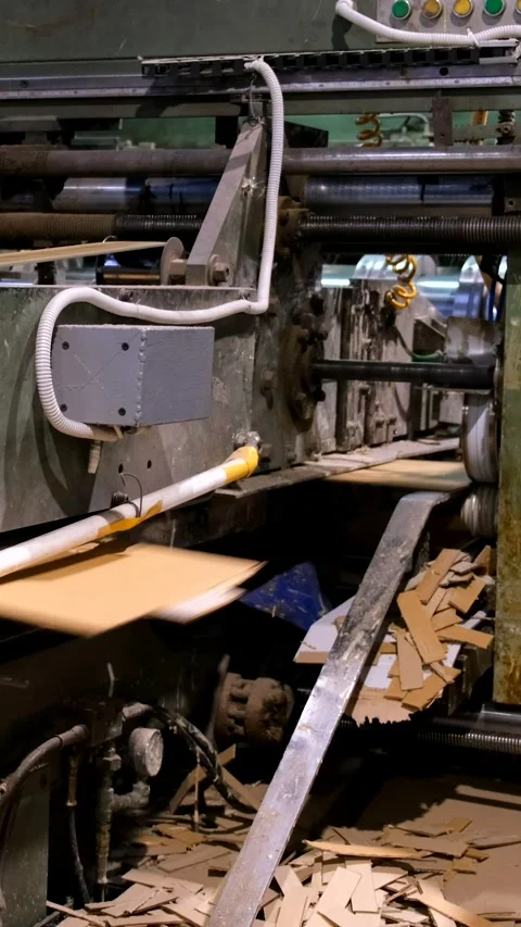 Conveyor line for the production of boxes. Machine carves cardboard boxes f.. Stock Footage 306143127