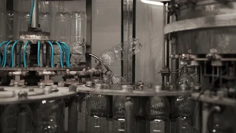 Conveyor line for the production of drinking spring water into plastic bottles Stock Footage 161821103