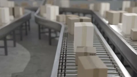 Conveyor with many cardboard boxes. Package delivery concept. 3D rendered animat Video stock 167292036