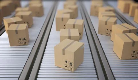 Conveyor with many cardboard boxes. Package delivery concept. 3D rendered ill Illustration