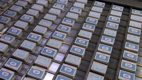 Conveyor of matchboxes in an old factory Stock Footage 133816467