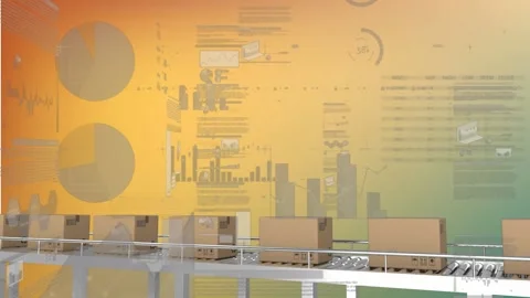 Conveyor motor starting, rollers moving boxes right while mural revealing data Stock Footage 326974173