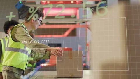 Conveyor moving boxes to warehouse operator steadying opening box while HUD Stock Footage 334321900