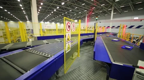 Conveyor with packages and partition-wall at automated sorting center Stock Footage 64473167