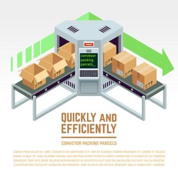 Conveyor packing parcels. Vector 3D isometric concept Stock Illustration
