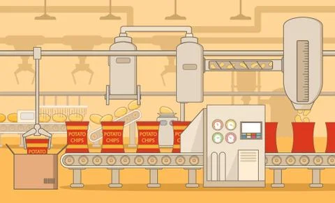 Conveyor potato chips. Flat vector. Industrial plant. Stock Illustration