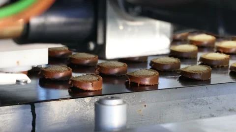 The conveyor for the production of cookies is a static plan Stockbeeldmateriaal 159751370