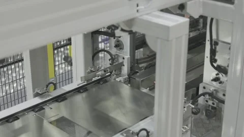 Conveyor rail system. Material box handling, Industrial automation. Precision Stock Footage 337543598