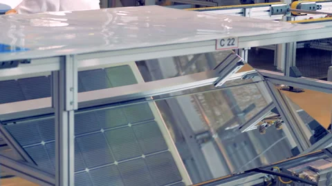 Conveyor of ready-made solar panels on a factory. Stock Footage 98624344