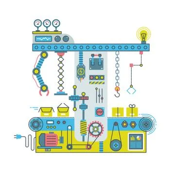 Conveyor robotic system with manipulators. Technlology process vector flat Stock Illustration