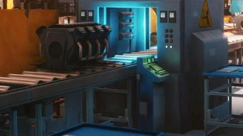Conveyor system operates in factory for product assembly and packaging tasks Stock Footage 340232535