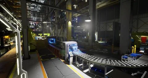 Conveyor system operating in a modern industrial facility at night Illustrazione stock