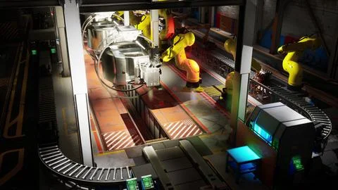 Conveyor system with robotic arms for machine assembly in a modern factory Stockillustratie