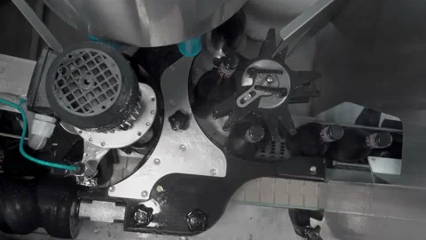 Conveyor top view of wine bottling along which bottles move and wine is poured Видео 230300960
