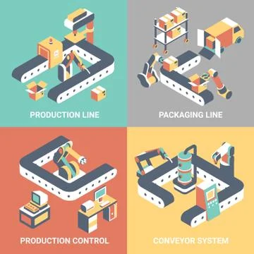 Conveyor vector flat isometric poster set Stock Illustration