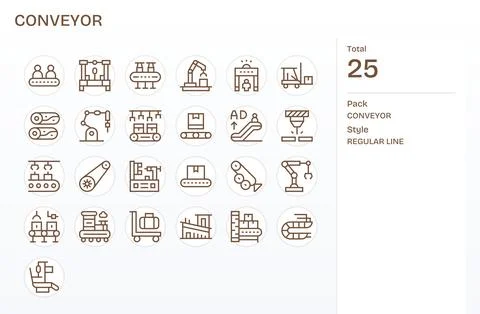 Conveyor Vector Icon Set with 25 Regular Line High Resolution Display Perfe.. Stock Illustration