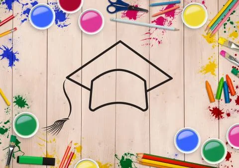 Convocation hat drawn on wooden plank with coloring tools Illustrazione stock