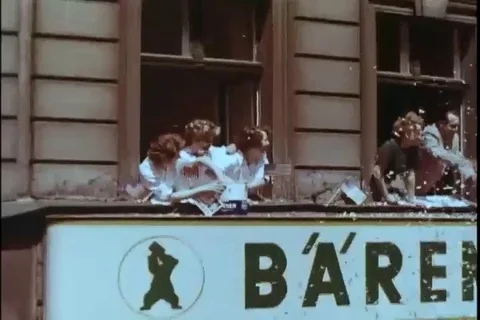 Convoy moves through West Berlin streets with motorcycle escort - 1963 Stock Footage 105709643