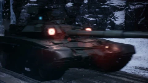 A convoy of tanks moves down a winter road for a gruesome bloody invasion. A Stock Footage 171106596