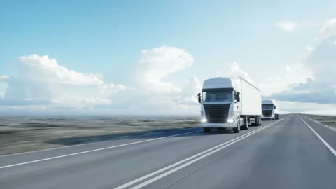 Convoy of white trucks. semi trailer on the road, highway. Transports, logistics Stock Footage