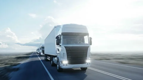 Convoy of white trucks. semi trailer on the road, highway. Transports, logistics Stock Footage