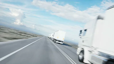 Convoy of white trucks. semi trailer on the road, highway. Transports, logistics Stock Footage
