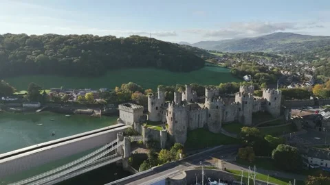 Conwy Castle over River Convy from a drone, Convy, North Wales, England Stock-Footage 319940584