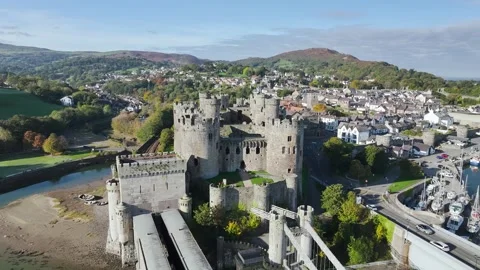 Conwy Castle over River Convy from a drone, Convy, North Wales, England Stock-Footage 319940594