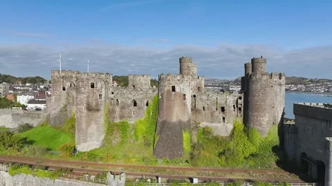 Conwy Castle over River Convy from a drone, Convy, North Wales, England Stock-Footage 319940633