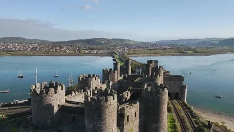 Conwy Castle over River Convy from a drone, Convy, North Wales, England Stock-Footage 319940637
